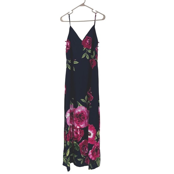 Soieblu Dresses & Skirts - Soieblu Floral Rose Print Maxi Dress Black Pink V-Neck Cut Out Side Slit Large